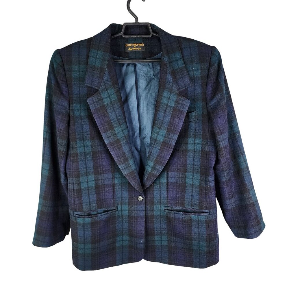 Womens Vintage Collectible Gold Plaid Wool Blazer Jacket Single Button Size XL